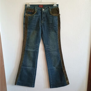 Vintage Y2K Sancred Denim Jeans Flare Green Corduroy Sides Size 30 X 32